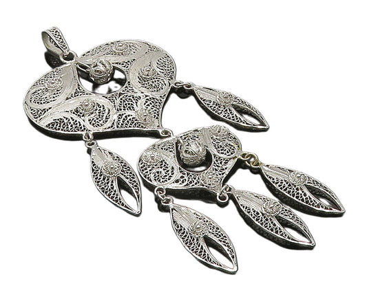 VAN LOU 925 Silver  Vintage Heart & Sphere Filigree Dangle Pendant  PT20121