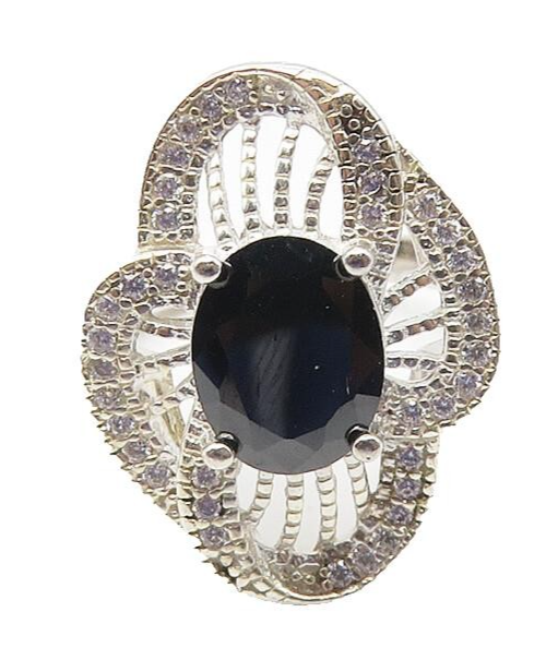 925 Sterling Silver  Hematite Floral Filigree Cocktail Ring Sz 5.5  RG10674