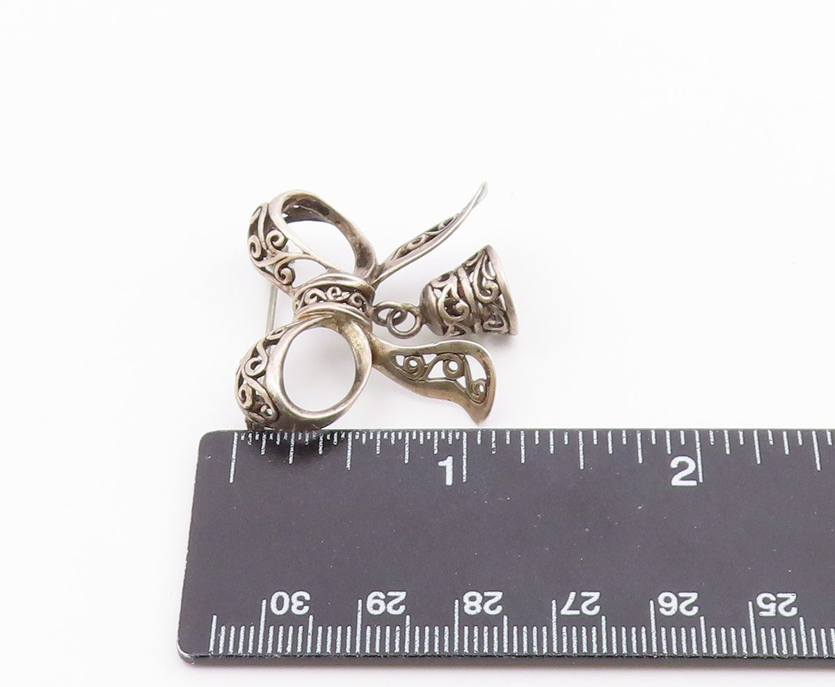925 Sterling Silver  Vintage Bow Tied Swirl Ribbon & Bell Brooch Pin  BP7477