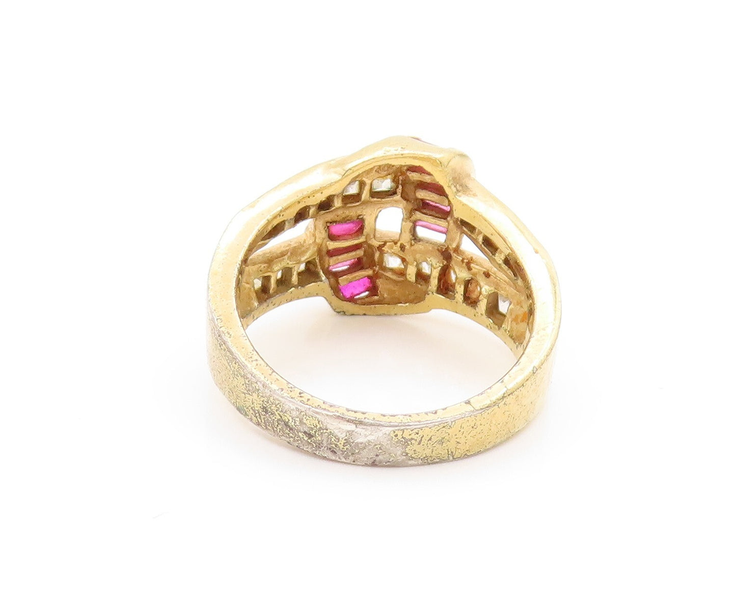 925 Sterling Silver Vintage Ring Gold Plated Pink & White CZ Inlay Sz 10 RG31861