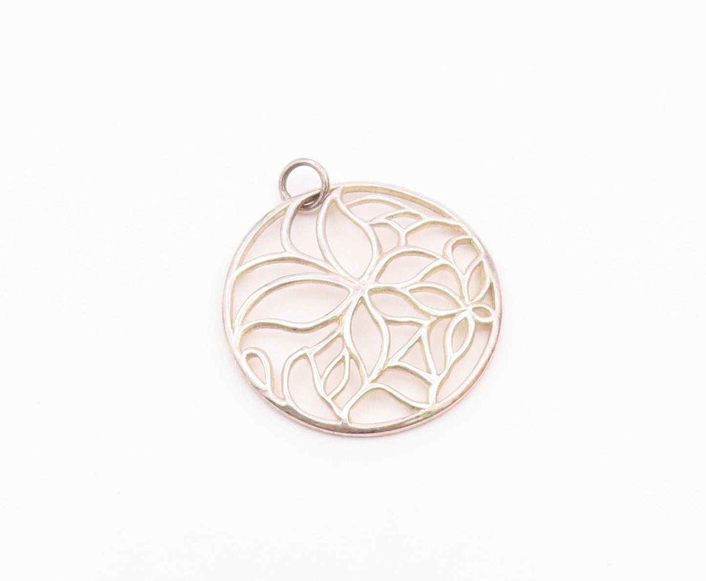 925 Sterling Silver  Vintage Shiny Open Floral Design Round Pendant  PT18531