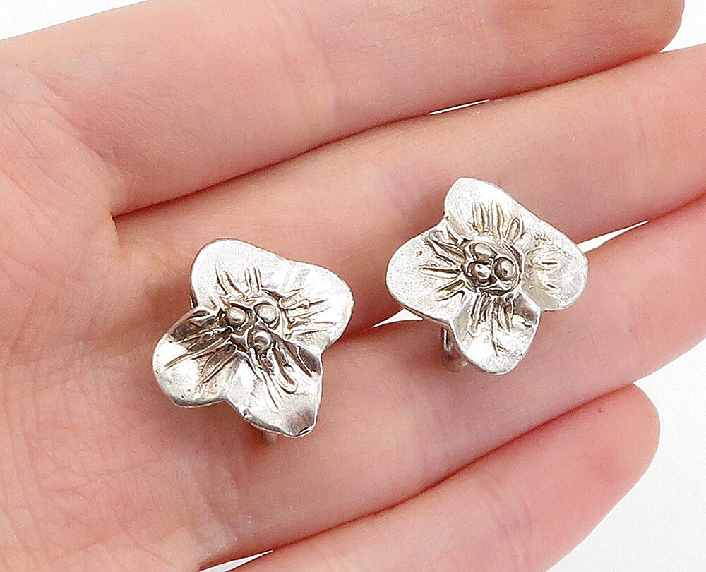 925 Sterling Silver  Vintage Etched Floral Non Pierce Screw Earrings  EG2210