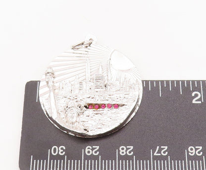 925 Sterling Silver Vintage Pendant Ruby Band Carved NYC Skyline Coin  PT22997