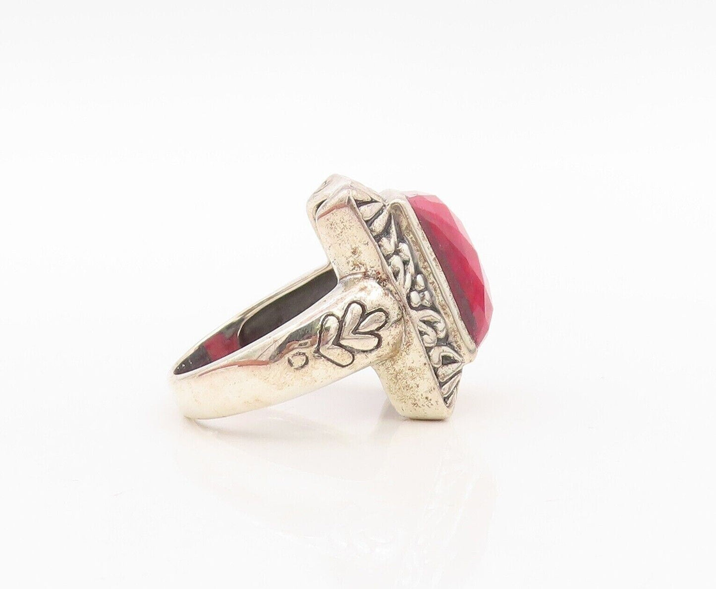925 Sterling Silver Vintage Ring Floral Carved Frame Red Gemstone  Sz 8  RG30225