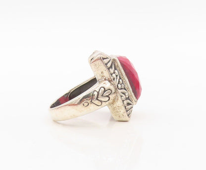 925 Sterling Silver Vintage Ring Floral Carved Frame Red Gemstone  Sz 8  RG30225
