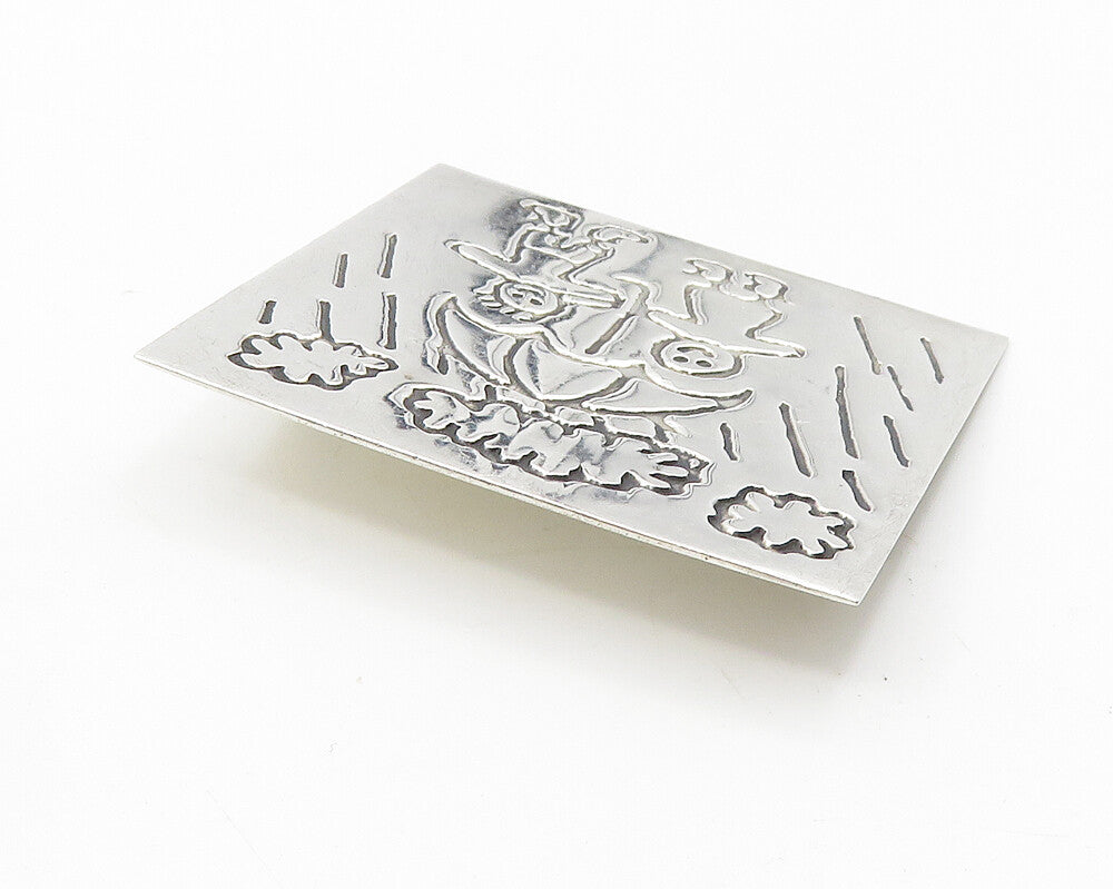 MEXICO 925 Sterling Silver  Vintage Etched Kids In The Rain Brooch Pin  BP4180