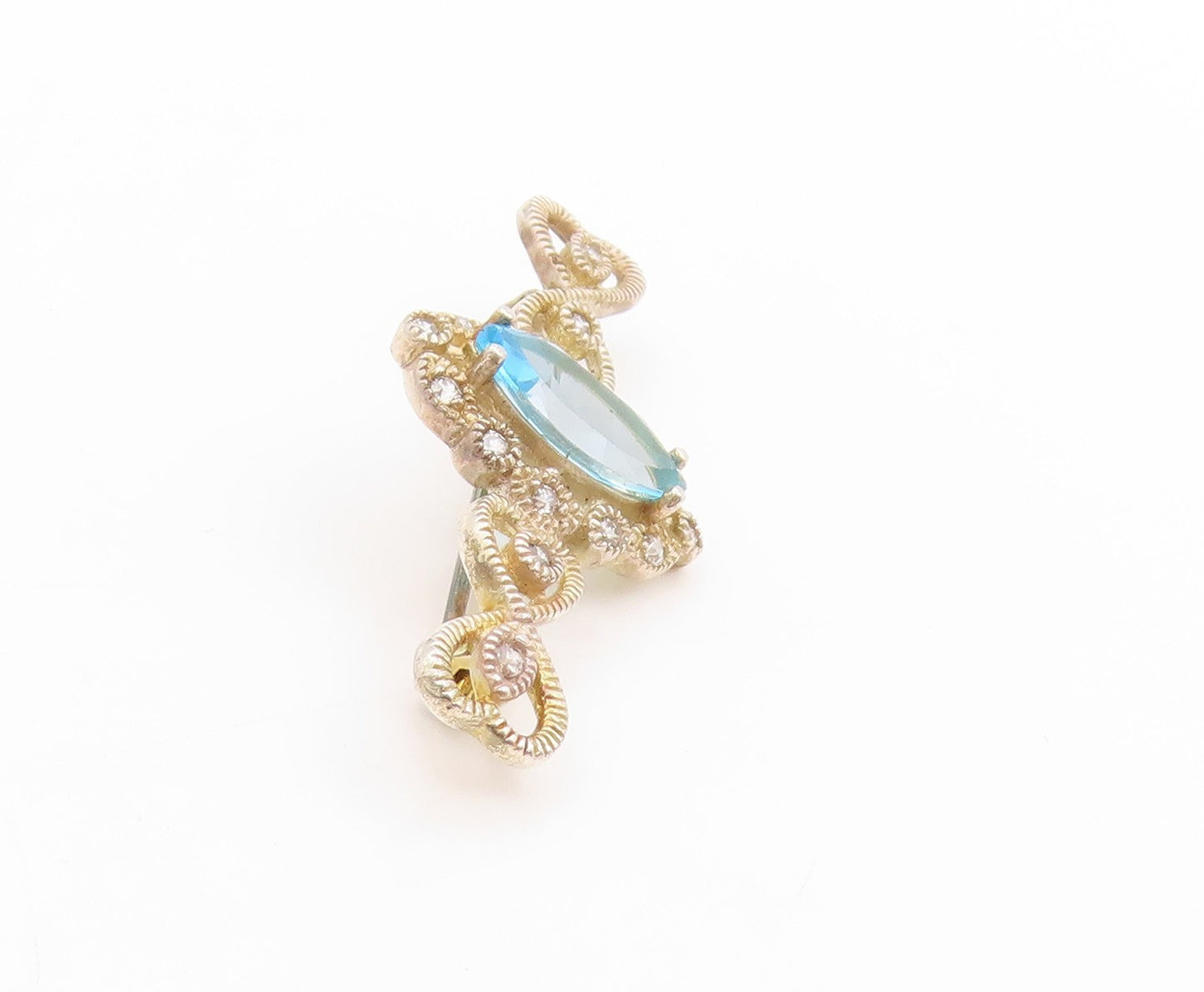 925 Sterling Silver Vintage Brooch Marquise Cut Blue Topaz & Halo CZ Pin BP11944