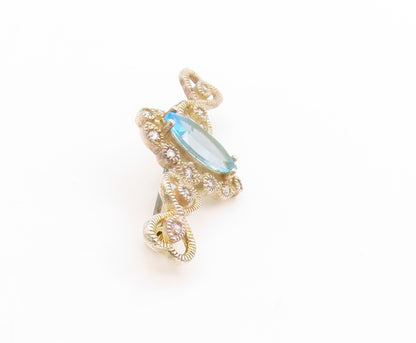 925 Sterling Silver Vintage Brooch Marquise Cut Blue Topaz & Halo CZ Pin BP11944