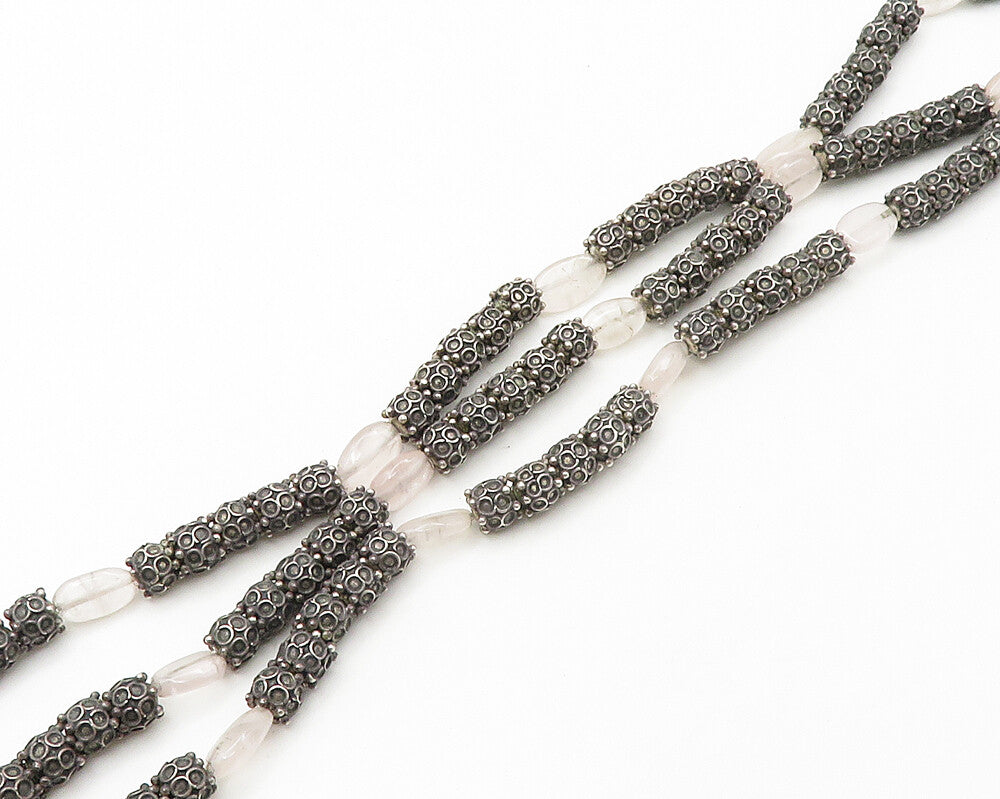 925 Sterling Silver  Vintage Rose Quartz Dark Tone Beaded Necklace  NE2969