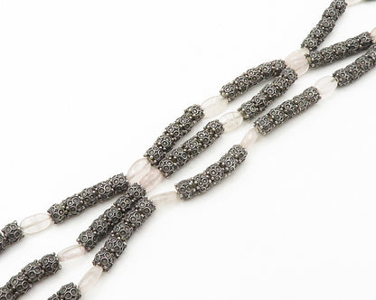 925 Sterling Silver  Vintage Rose Quartz Dark Tone Beaded Necklace  NE2969