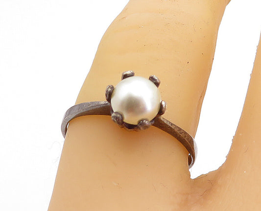 925 Sterling Silver Vintage Petite Pearl Dark Tone Solitaire Ring Sz 7 RG5197