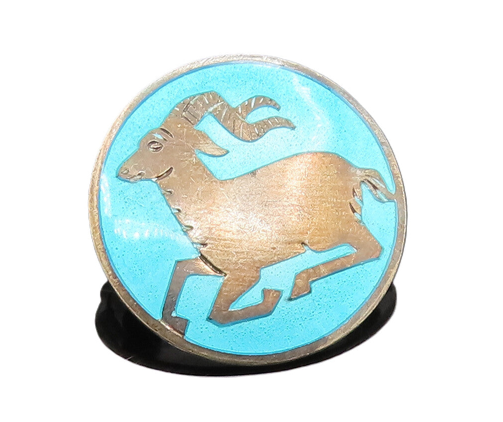 EUROPE 925 Silver  Vintage Round Blue Enamel Antelope Brooch Pin  BP10130