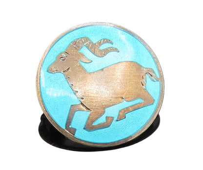 EUROPE 925 Silver  Vintage Round Blue Enamel Antelope Brooch Pin  BP10130