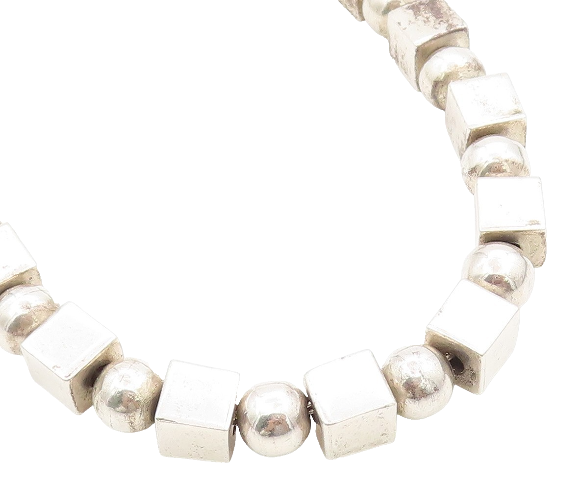 925 Sterling Silver Vintage Necklace Solid Geometric Sphere & Cube Chain  NE4614