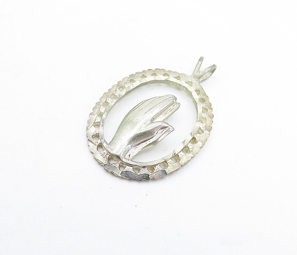 925 Sterling Silver  Vintage Petite Prayer Hands Oval Border Pendant  PT4675