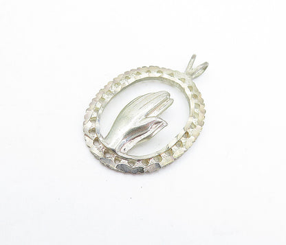 925 Sterling Silver  Vintage Petite Prayer Hands Oval Border Pendant  PT4675