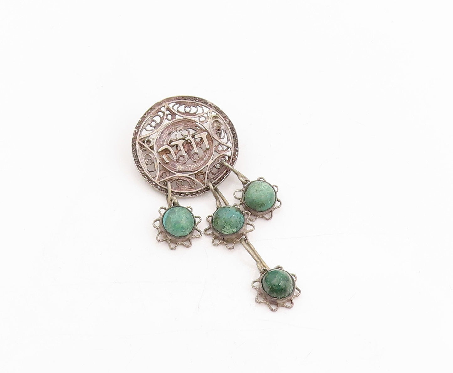 925 Sterling Silver Vintage Brooch Cabochon Turquoise Bohemian Dangling  BP12033