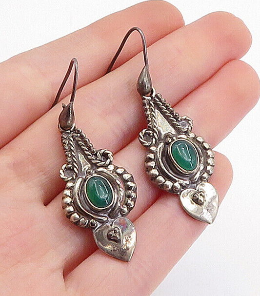 925 Sterling Silver  Vintage Green Carnelian Love Heart Drop Earrings EG2071