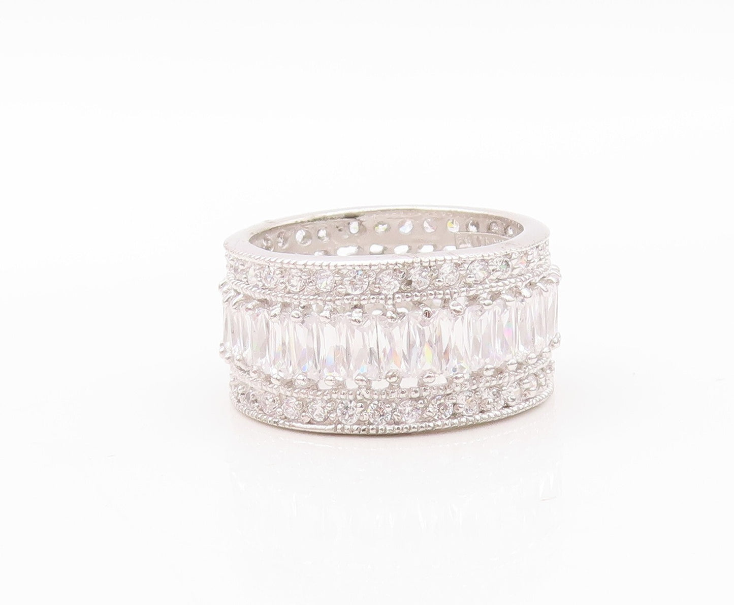 925 Sterling Silver Vintage Ring Designer Rectangle & Round CZ Band Sz 9 RG30217