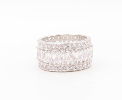 925 Sterling Silver Vintage Ring Designer Rectangle & Round CZ Band Sz 9 RG30217