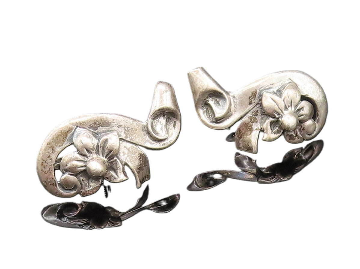 925 Sterling Silver  Vintage Floral Swirl Screw Back Drop Earrings  EG11909