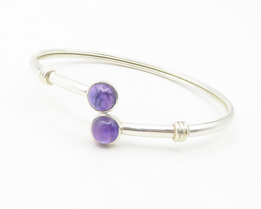 925 Sterling Silver  Cabochon Cut Amethyst Bypass Bangle Bracelet  BT4763