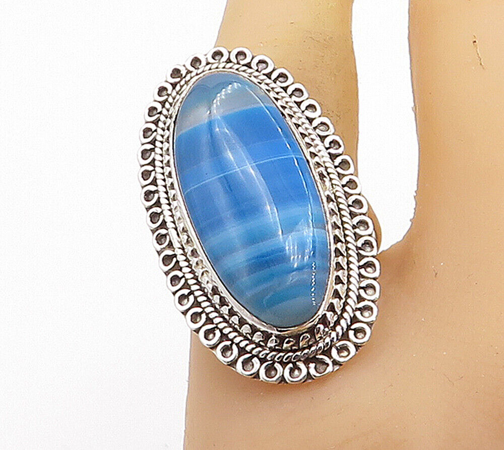 925 Sterling Silver  Blue Agate Shiny Circle Border Cocktail Ring Sz 10 RG8428