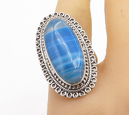 925 Sterling Silver  Blue Agate Shiny Circle Border Cocktail Ring Sz 10 RG8428