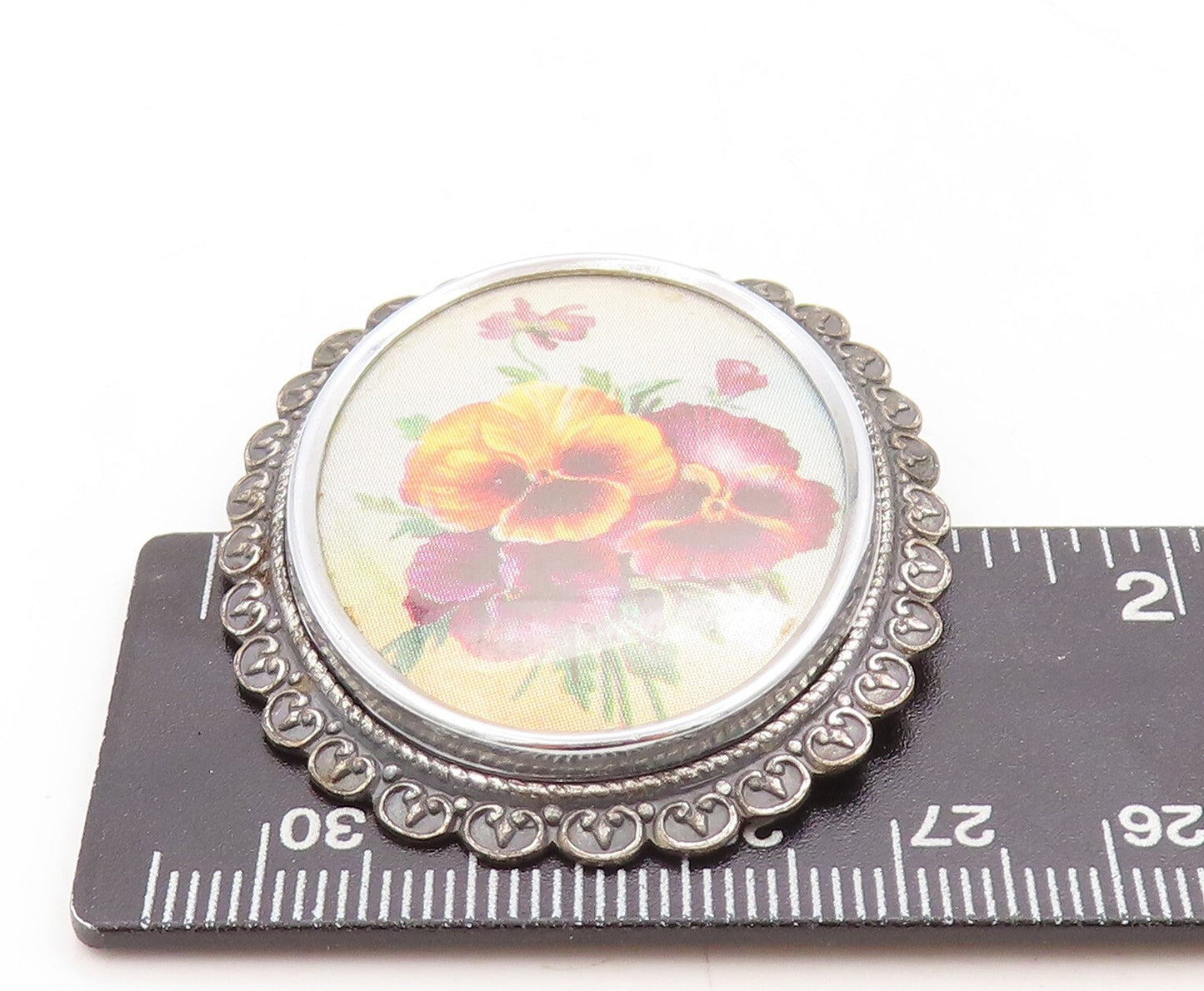 925 Sterling Silver Vintage Brooch Pin ENGLAND Flowers Enameled Carved BP11330