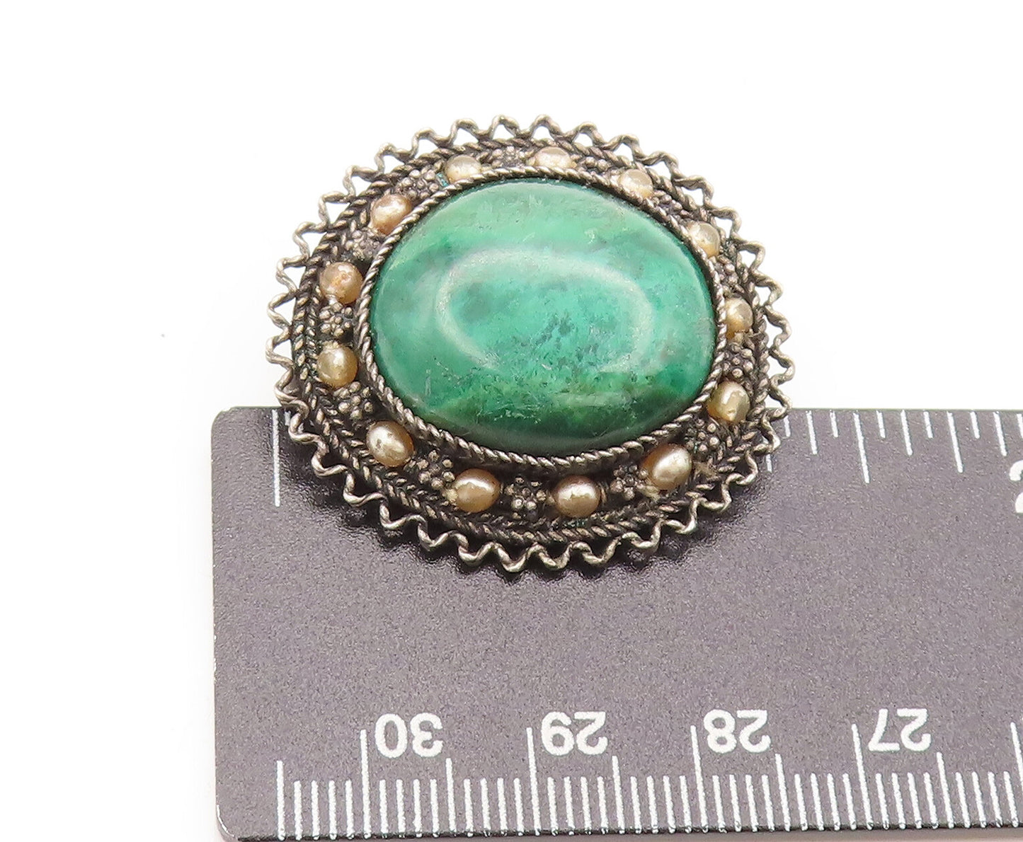 925 Sterling Silver Vintage Brooch Pin ISRAEL Turquoise Halo Carved  BP10617