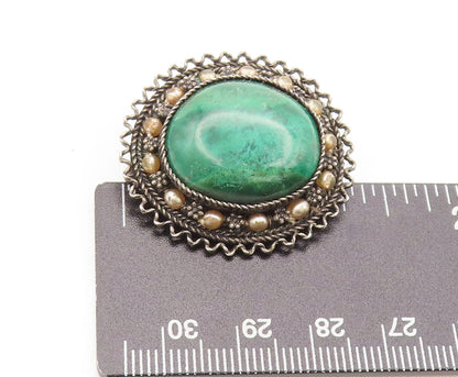 925 Sterling Silver Vintage Brooch Pin ISRAEL Turquoise Halo Carved  BP10617
