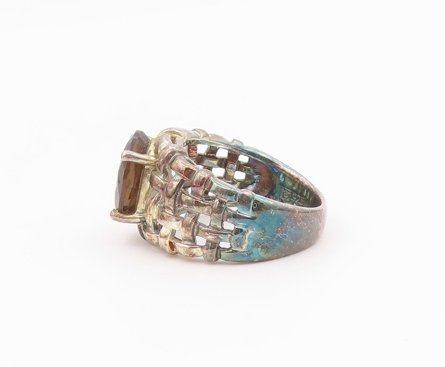 925 Sterling Silver Vintage Ring Smoky Quartz Basket Weave Band  Sz 8  RG36557