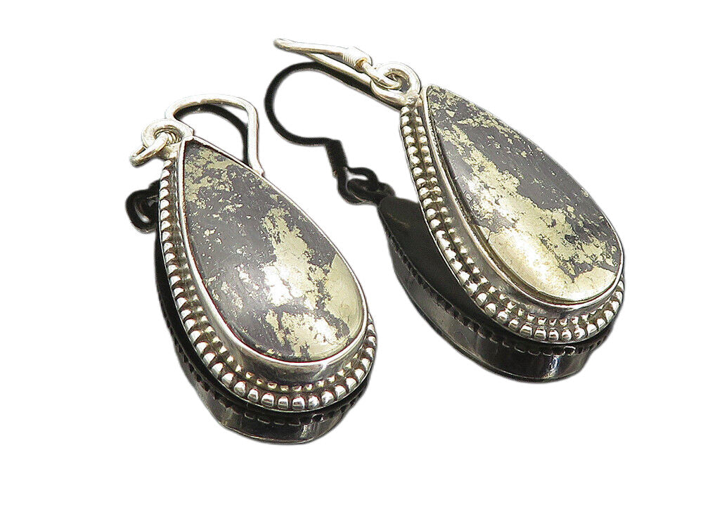 925 Sterling Silver  Tear Drop Pyrite In Black Onyx Dangle Earrings  EG3714
