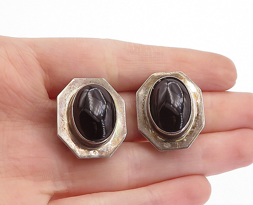 925 Sterling Silver  Vintage Cabochon Black Onyx Non Pierce Earrings  EG2153