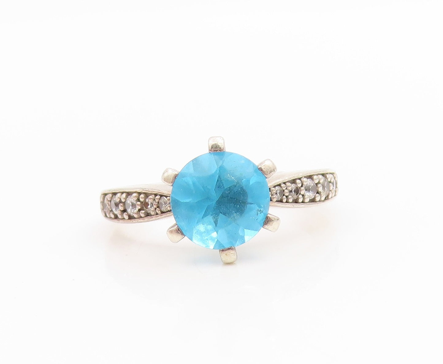 925 Sterling Silver Vintage Ring Round Cut Blue Topaz & CZ Band  Sz 8  RG33996