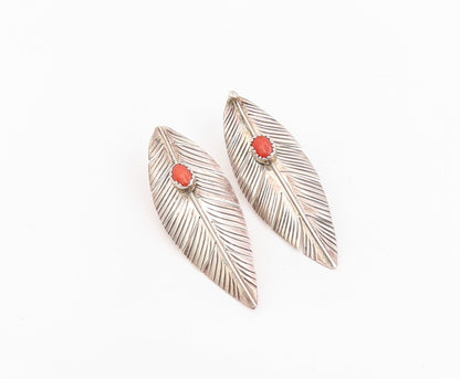 925 Sterling Silver Vintage Earrings Cabochon Carol Etched Feather Drop  EG14008