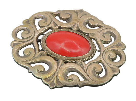 MEXICO 925 Sterling Silver  Vintage Coral Dark Tone Swirl Brooch Pin  BP5401