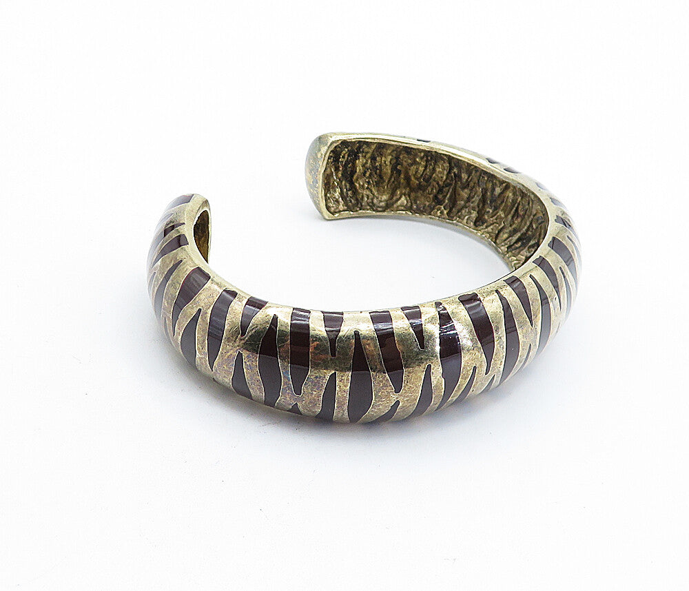 925 Sterling Silver Vintage Enamel Coated Zebra Striped Cuff Bracelet BT2066
