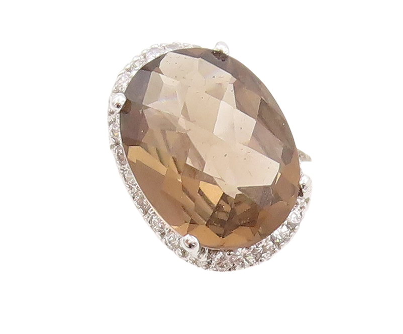 925 Sterling Silver Vintage Ring Designer CZ Oval Cut Smoky Quartz Sz 7  RG29840