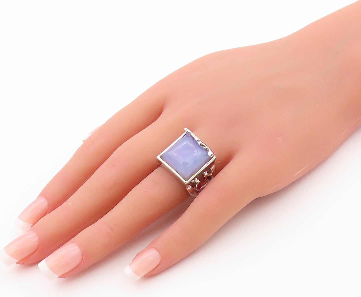 925 Sterling Silver Vintage Ring Gemstone Leaves Square Chalcedony Sz 6  RG32498