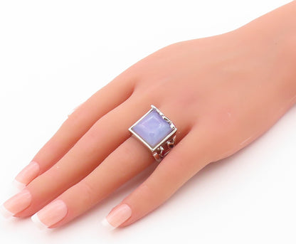 925 Sterling Silver Vintage Ring Gemstone Leaves Square Chalcedony Sz 6  RG32498
