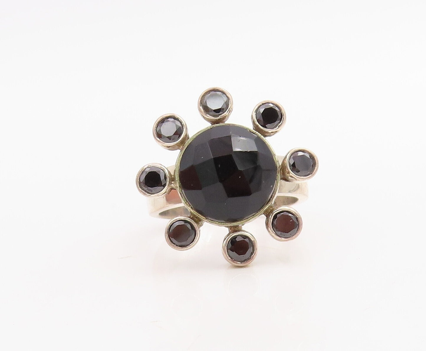 925 Sterling Silver Vintage Ring Solid Cutout Onyx Inlay Flower  Sz 7  RG30732