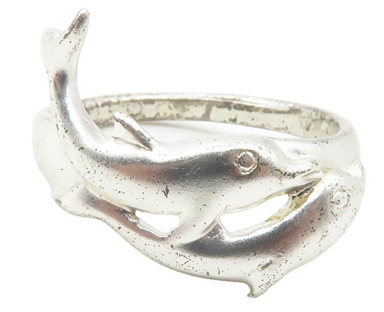 925 Sterling Silver  Vintage Shiny Dolphin Motif Band Ring Sz 6.5  RG11949