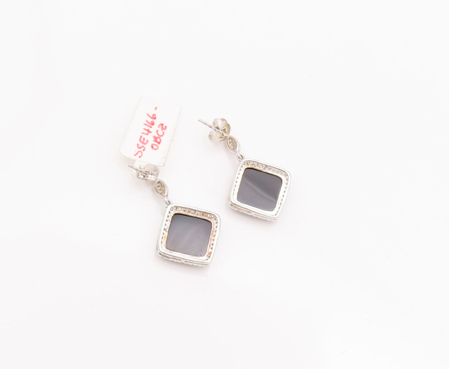 925 Sterling Silver Vintage Earrings Square Cabochon Onyx & CZ Frame  EG12959