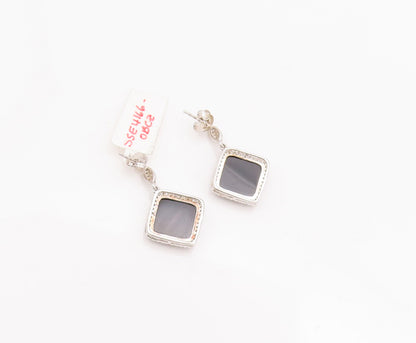 925 Sterling Silver Vintage Earrings Square Cabochon Onyx & CZ Frame  EG12959