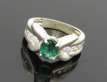 925 Sterling Silver  Vintage Prong Set Emerald & Topaz Band Ring Sz 6  RG18533