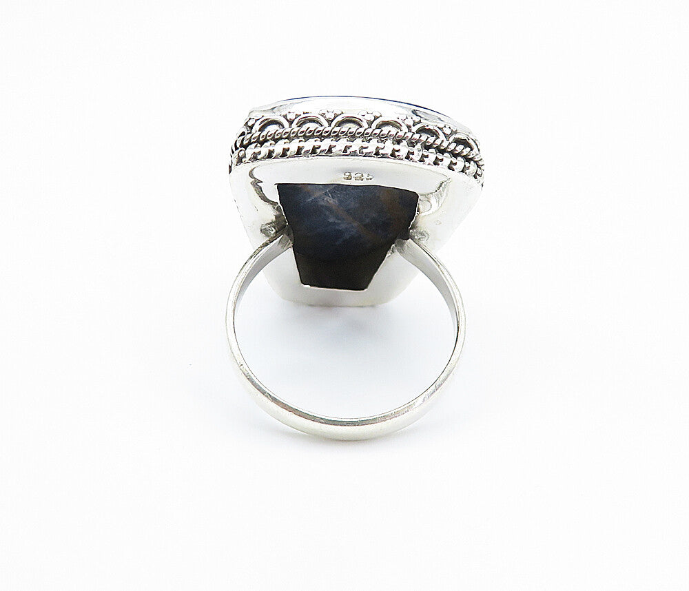 925 Sterling Silver  Sodalite Swirl Border Shiny Cocktail Ring Sz 10  RG8130