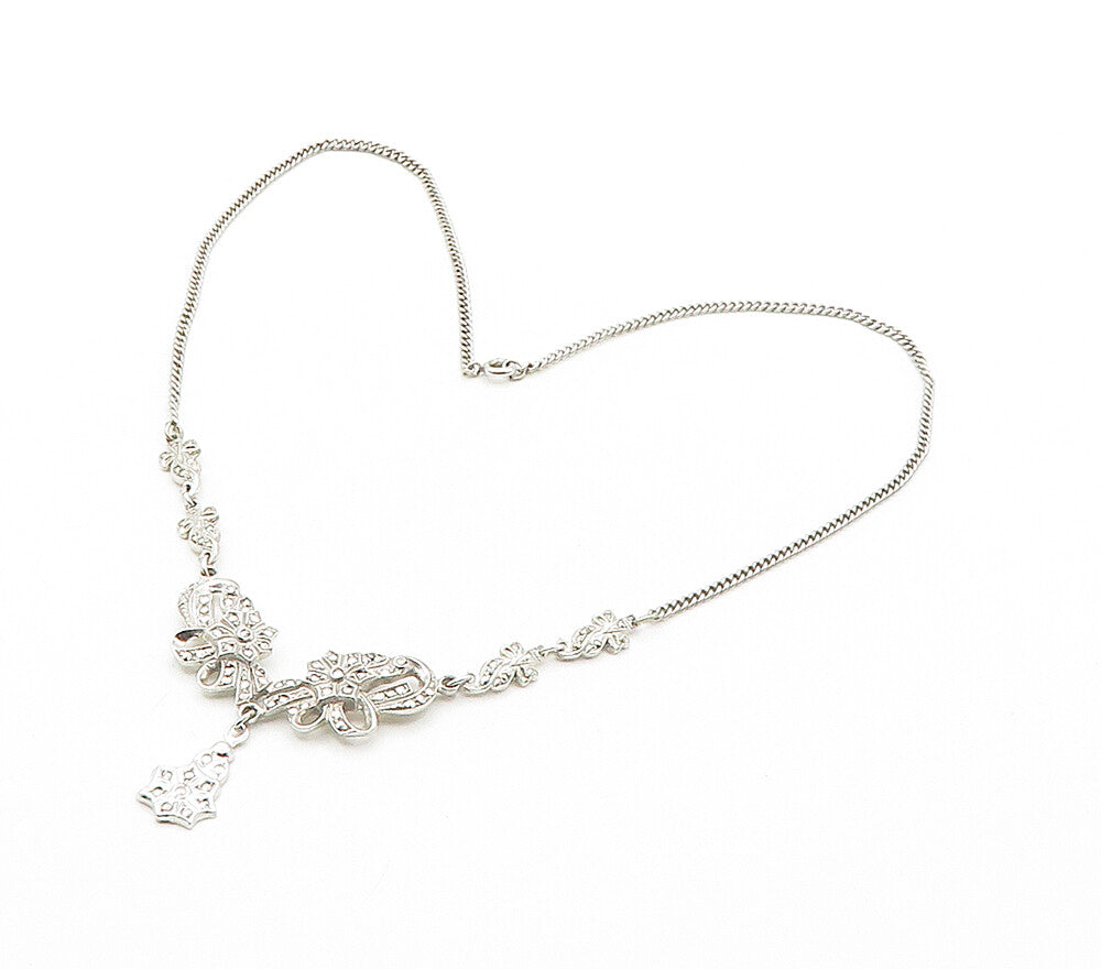 925 Sterling Silver  Vintage Sparkling Floral Ribbon Chain Necklace  NE2619