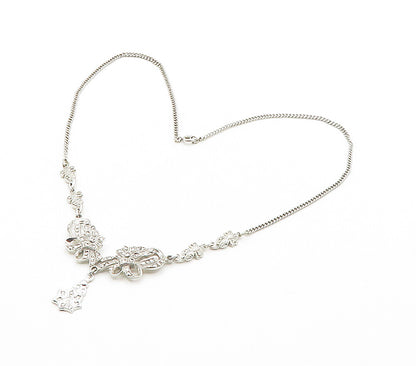 925 Sterling Silver  Vintage Sparkling Floral Ribbon Chain Necklace  NE2619