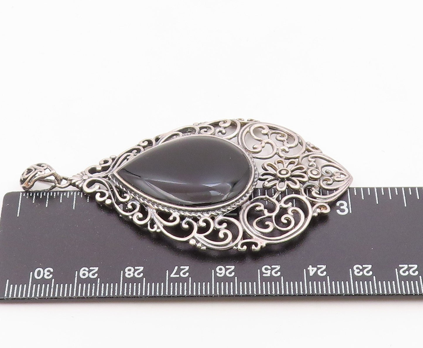 925 Sterling Silver  Vintage Black Onyx Floral Baroque Swirl Pendant  PT15438
